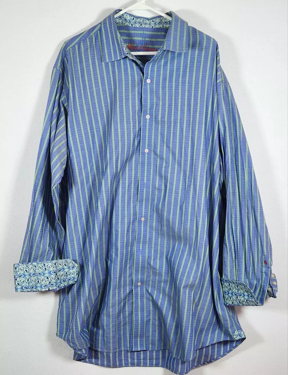 Robert Graham Men's 2XLB Green Blue Plaid Long Sleeve Button Up Dress Shirt